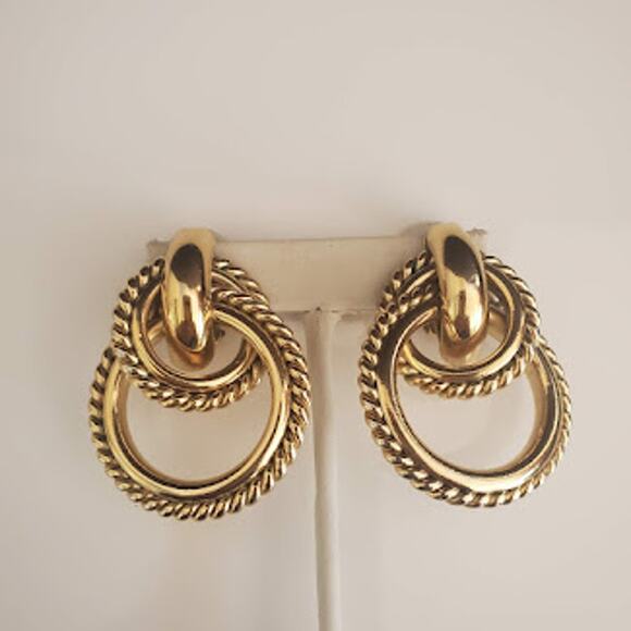 Vintage Givenchy Double Hoop Rope Earrings 1980's Gold Plated Clip On Signed - Picture 2 of 6